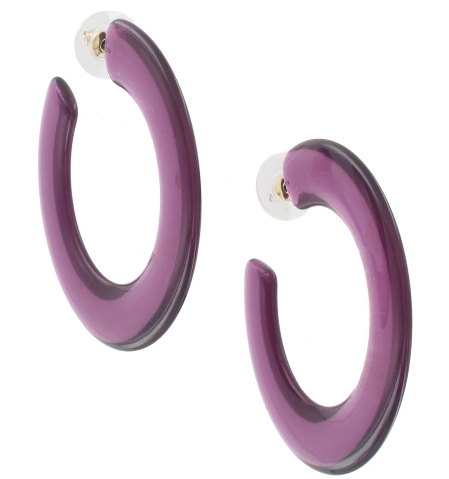 Clear Purple Lucite Earrings Hoop Large Big Bold Statement Wide Flat 2 1/4" - Image 3 of 4