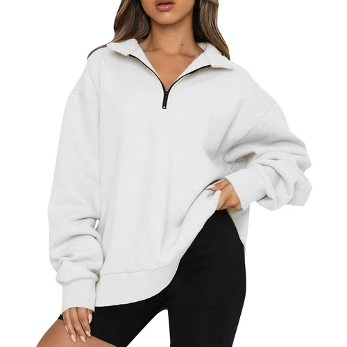 Womens Oversized Half Zip Pullover Long Sleeve Sweatshirt Hoodie Sweater Blouse - Picture 9 of 75