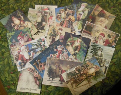 Set of 16 LARGE Primitive Santa Victorian/Vintage postcard images Set # 1