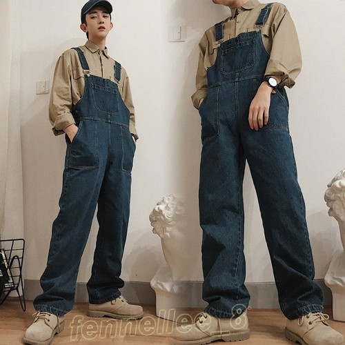Mens Vintage Denim Overalls Wide-leg 
