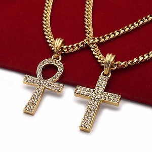 Authentic 14k Gold Plated Cross & Ankh Pendant Cubic Zirconia 30" & 24" Cuban Chain