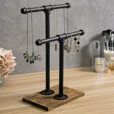 2-Tier Urban Rustic Industrial Pipe & Brown Wood T-Bar Necklace Jewelry Stand