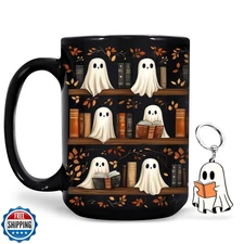 Hyturtle Cute Ghost Read Book Mug - Black Coffee Cup Ceramic Mug 15 Oz And Ke