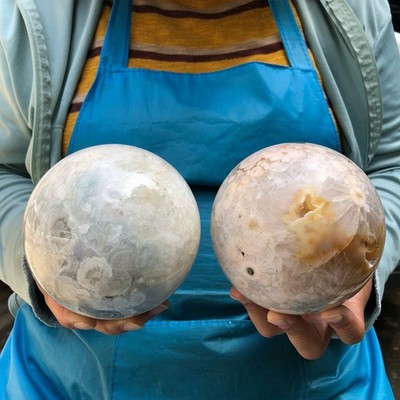 2pcs 7.72LB Natural Cherry Blossom Agate Ball Agate Crystal Ball Healing 2123