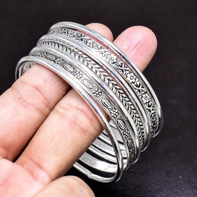 Solid 925 Sterling Silver Bangles, Beautiful Bangles Stacking Set of 7 Bangles