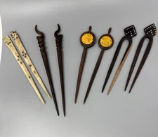 Vintage Asian Style Brown Ebony Wood Hair Pick Sticks Lot Of 8