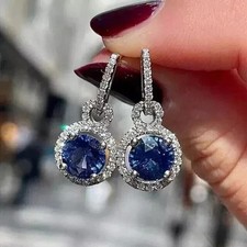 14K White Gold Plated 3Ct Round Cut Lab Created Tanzanite Drop Dangle Earrings