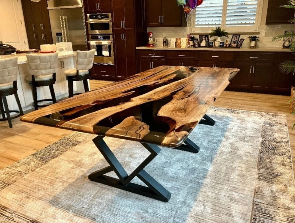 Custom Walnut Wood Epoxy Resin Dining Table – Handmade Black Clear River Table - Image 4 of 4