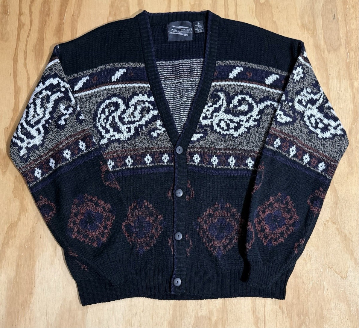 Vintage 90s 80s Expressions Cardigan Sweater M Dad Grandpa Art M