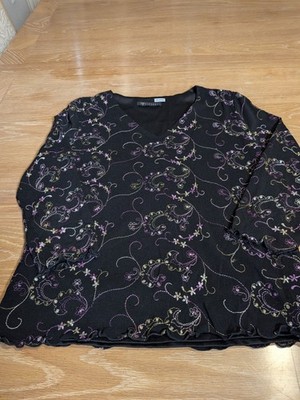 Vivendi Women's Large Black Embroidered V-Neck Blouse Scalloped Hem 3/4 Sleeve
