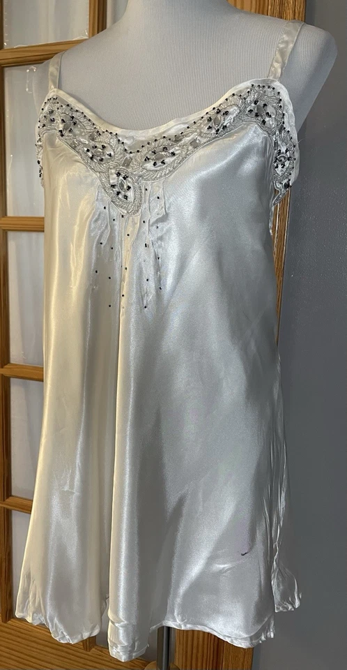 90-е Ashley Stewart шелк сорочка мини ночная рубашка 1 X бисером слоновой кости сексуальный романтический - Изображение 2 из 4
