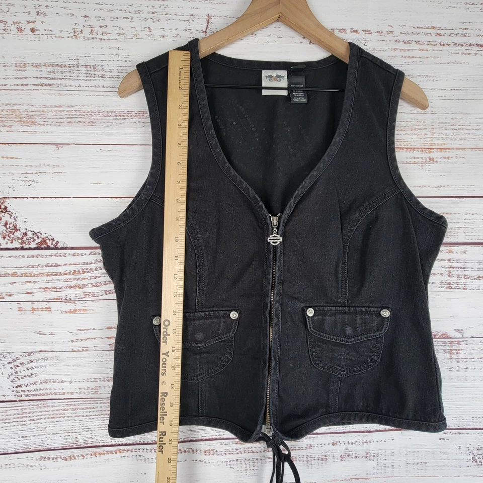 Harley Davidson Black Denim Vest Women’s XL Lace Up Rhinestone Logo Biker Y2K - Image 3 of 4