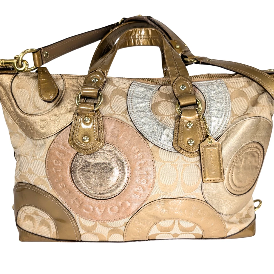 Coach Ashley Patchwork Metallic Canvas Jacquard Patent Leather Tote F15474 - Image 2 of 4