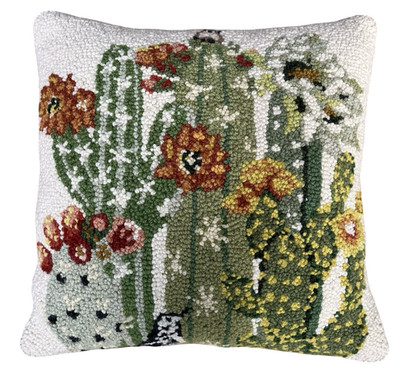 Floral Cactus Wool Hooked Square Pillow 16  x 16  Southwestern Desert
