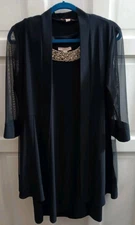 db 2 Pc Set Dress & Panel Jacket Sz 10 Dark Blue Beaded Neck Sheer Sleeves  EUC