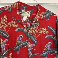 Vintage Paradise Found Red Hawaiian Shirt XL Purple Parrot Magnum PI Cotton