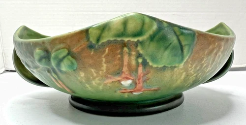 Vintage ROSEVILLE FUCHSIA Green FLORAL Double Handle Art Pottery Bowl RARE 1938!