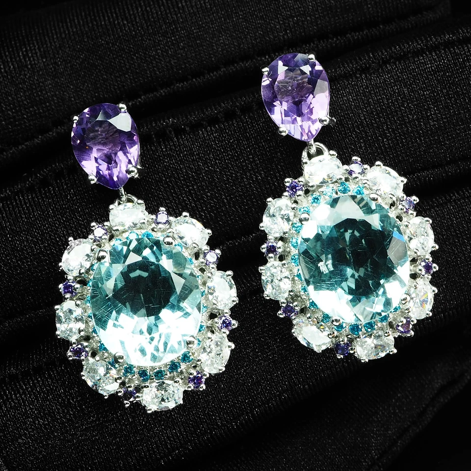 Exquisitos Pendientes Ovalados Aguamarina Azul Marino 14Ct Plata de Ley 925 Oro Blanco Foto 2 de 4