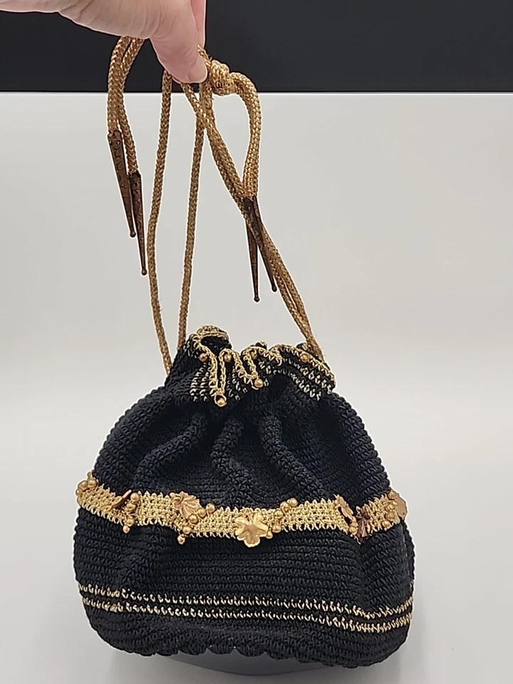 Vtg 40s50’s Black Beaded Crochet Corde Drawstring Purse Evening Bag MCM - Image 2 of 4