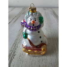 OWC old world snowman sled glass ornament Xmas tree scarf glitter gold