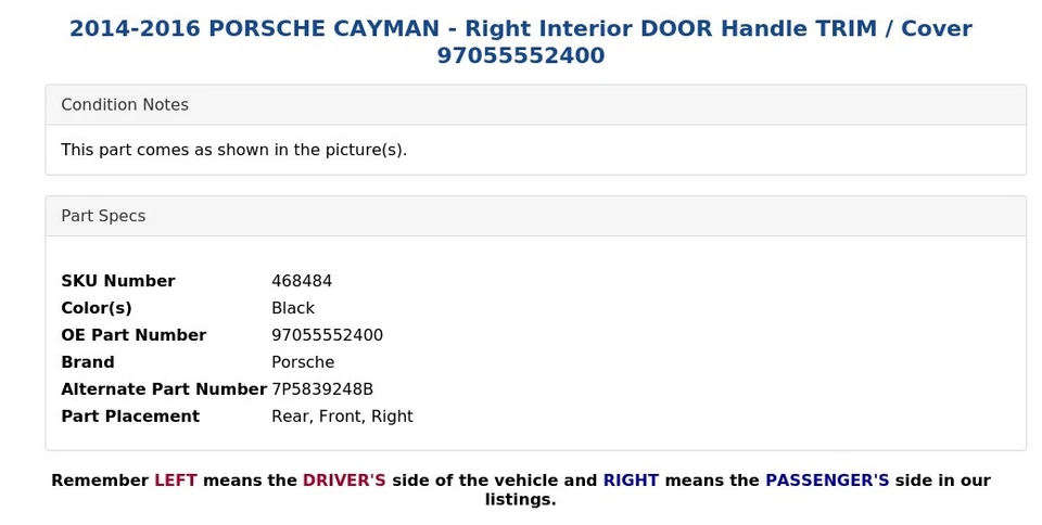 Porsche Cayman 2014-2016 - interior derecho manija puerta moldura/cubierta 97055552400 Foto 4 de 4