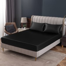 Elegant Satin Fitted Sheet Queen, Deep Pocket for Mattress, Black Color