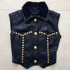 Gianni Versace Black Cowgirl Leather Vest, Gold Studs Fur Collar 1993 Bondage