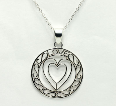 Sterling Silver Open Heart Filigree Circle Love Pendant Cable Chain Necklace