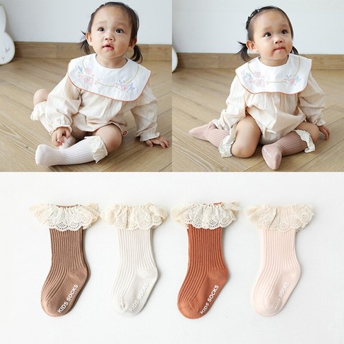 Infant Baby Girls Knee High Socks Ruffled Lace Ribbed Non-Skid Cotton Stockings - Picture 4 of 16