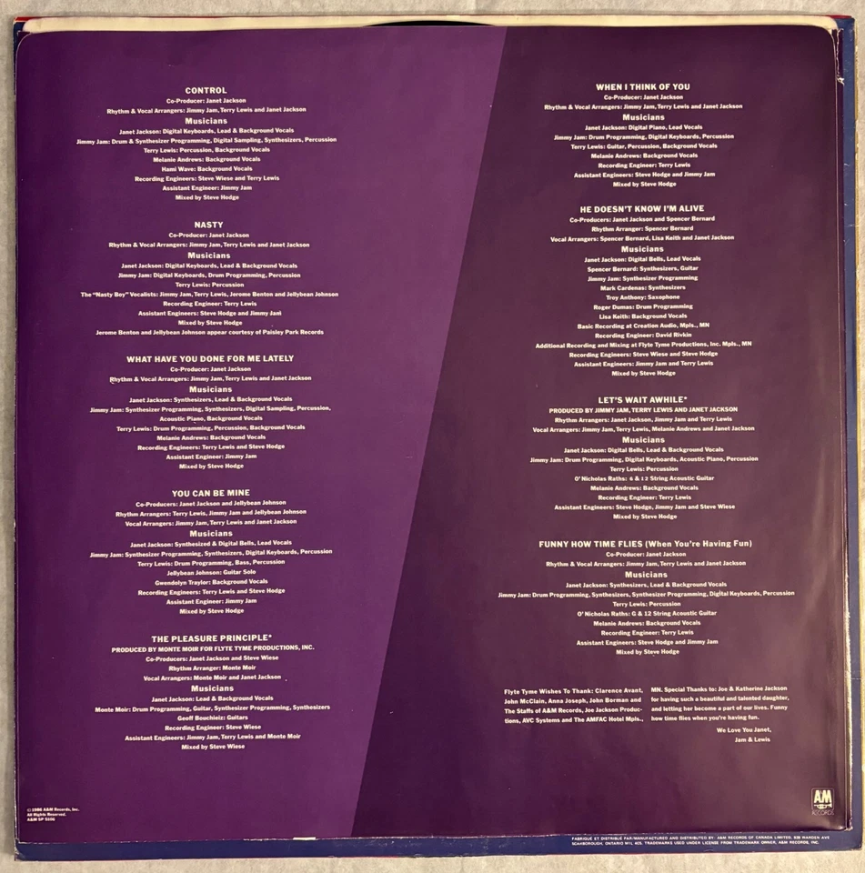 Janet Jackson - Control Vinyl Record LP 1986 Original | Vinyl Excellent - Image 4 of 4