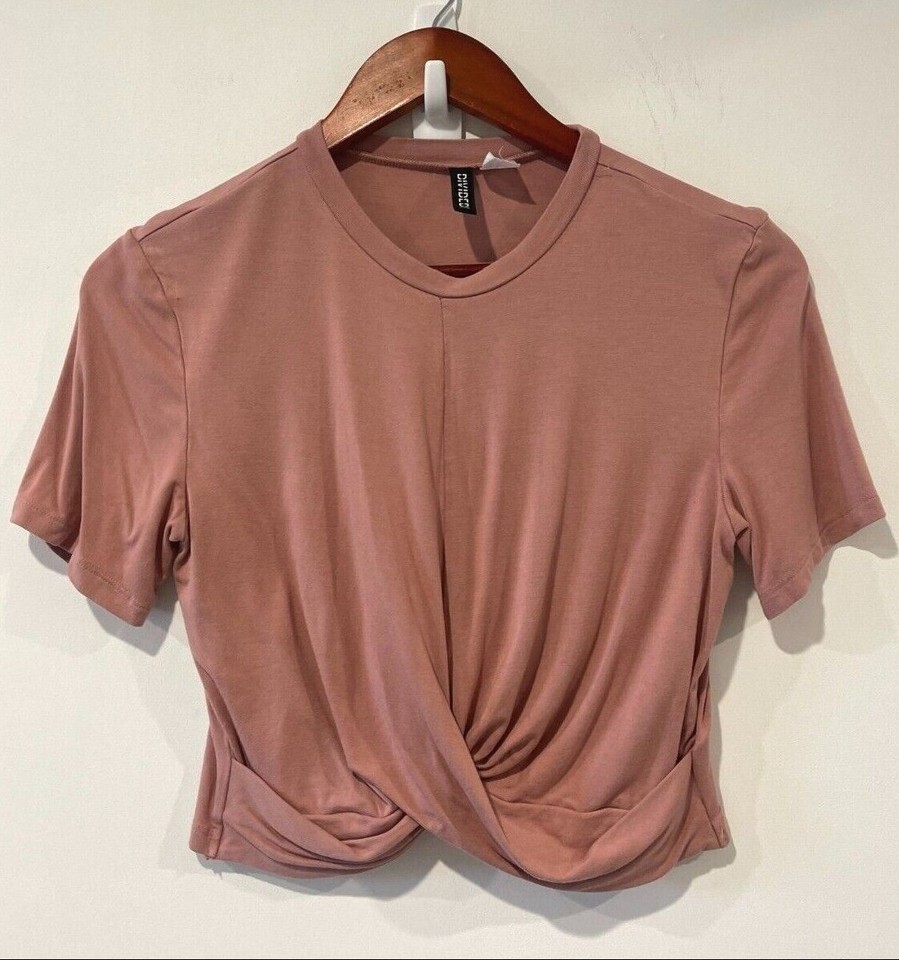 H&M Divided Blouse Womens Medium Dusty Pink Cropped Top Twisted Hem Stretch