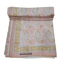 Indian Handmade Cotton Kantha Quilt Hand Block Print King Size Bedspread Blanket