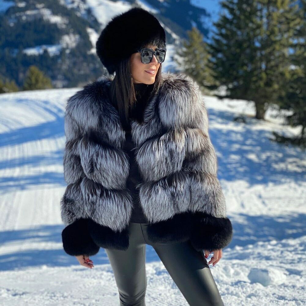 Luxury Winter Real Silver Fox Fur Coat Women Natural Fur Thick Outwear Overcoat