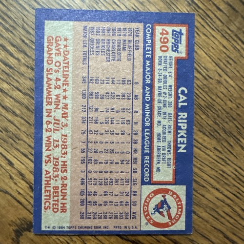 1984 Topps Baseball Cal Ripken Baltimore Orioles Card #490 - Picture 2 of 2