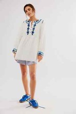 Free People More To Come Mini Dress S White Blue Floral Embroidered Cotton