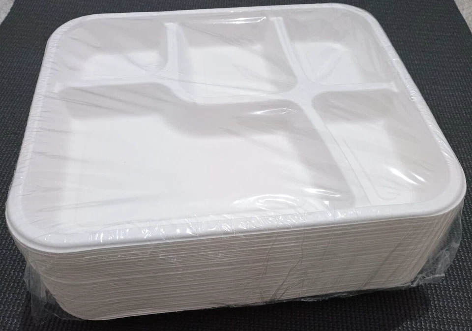 Pack de 50 platos desechables de 5 compartimentos bandeja de comida de bagazo súper rígida Foto 4 de 4