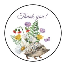 30 THANK YOU ENVELOPE SEALS LABELS STICKERS 1.5" ROUND FLORAL HEDGEHOG FLOWERS