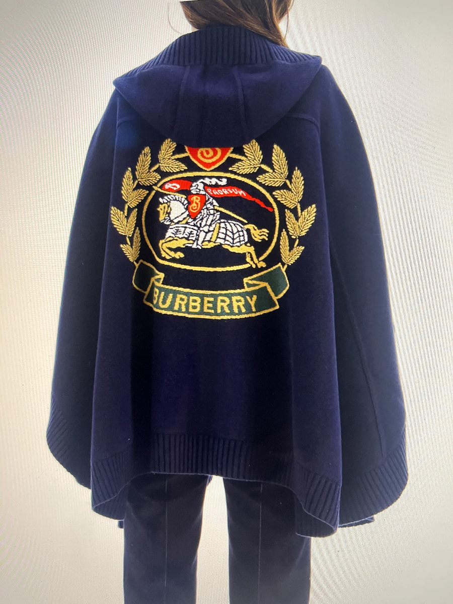 BURBERRY CREST LOGO WOOL CASHMERE HOODED CAPE PONCHO NAVY KNITED