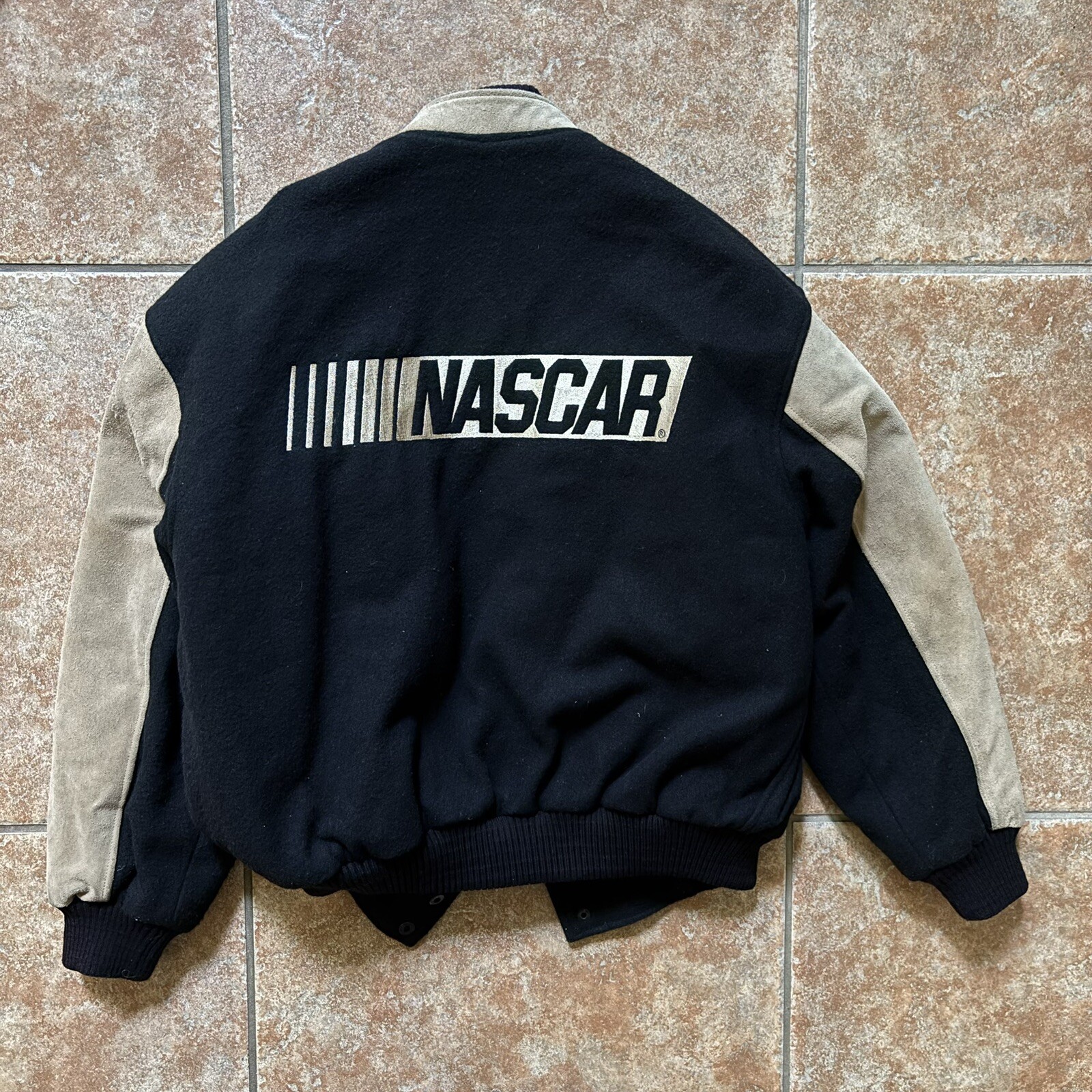 Vintage 90s Black Suede NASCAR Bomber Jacket with Cream Trim