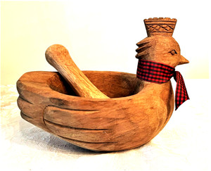 Hand Carved Wood Chicken Hen Shaped Mortar & Pestle Farm House Decor - EUC