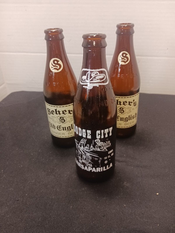 2 Antique Bottles Sehers Old English Ginger Beer And 1 Dodge City Sarsaparilla