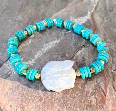 Barse NWT Blue-Green Turquoise With Chunky White Freshwater Pearl Bracelet