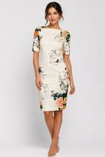 Zara Woman XS Floral Butterfly Print Sheath Dress Cream Midi Short Sleeve 