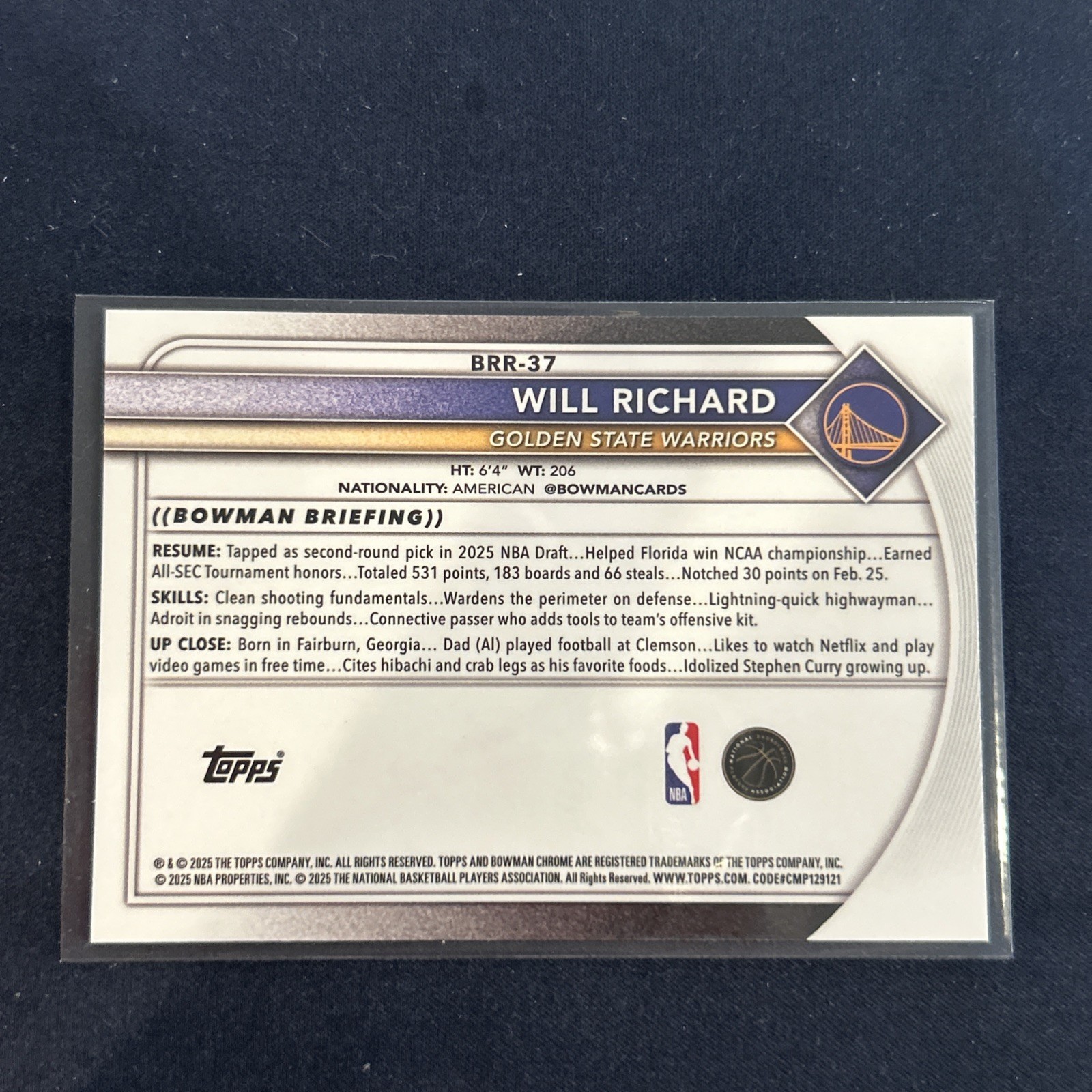 2025-26 Bowman Chrome Will Richard RED RC Rookie Redemption Warriors