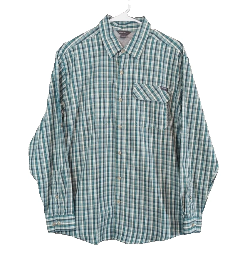 Eddie Bauer Men Shirt MEDIUM Button Up Performance Green Plaid Long Sleeve Vents