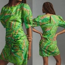 Farm Rio Puff Sleeve Dress Anthropologie Lime Leaves Tropical Size 2X PLUS NWT