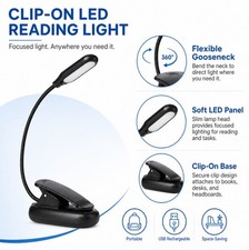 USB Rechargeable LED Book Light Flexible Clip On Reading Lamp Bed Travel