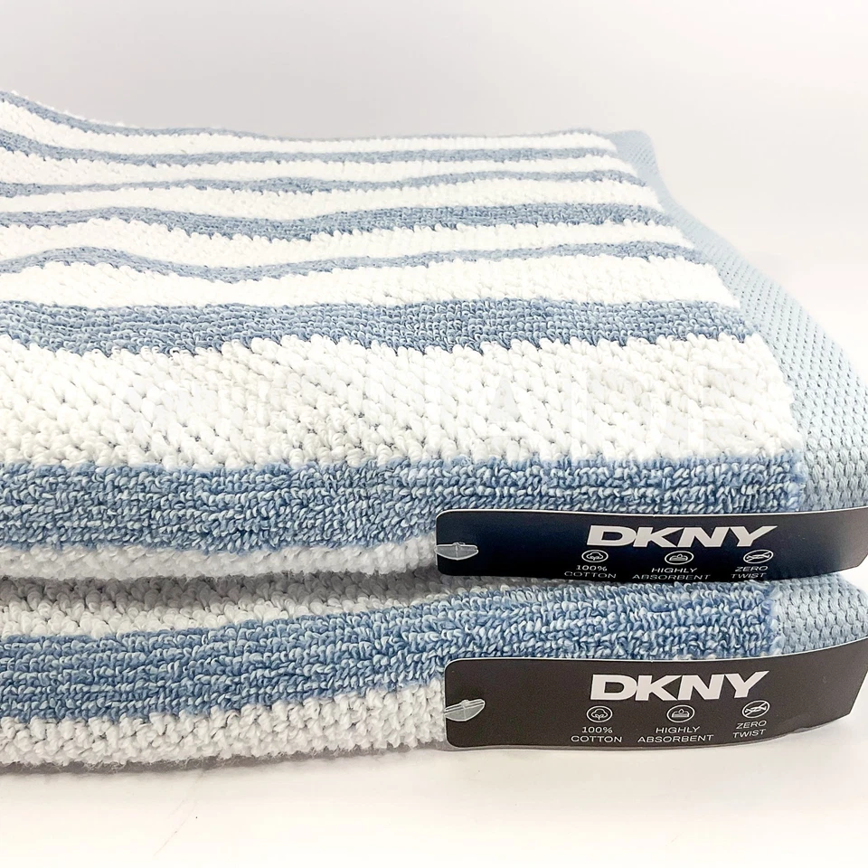DKNY Pure 100% Cotton 2Pcs Bath Towels Blue & White New - Image 4 of 4