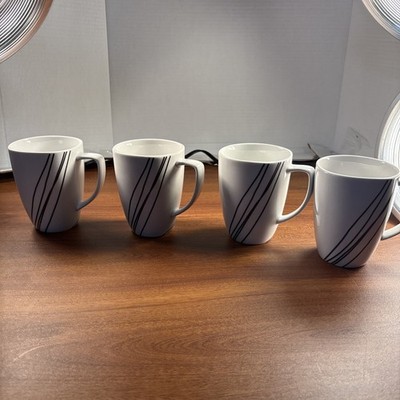 Corelle Coordinates Set 4 White & Black SIMPLE LINES  Porcelain 12oz Coffee Mugs