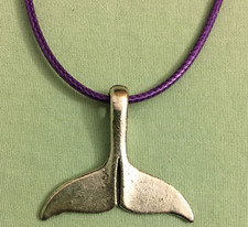 WHALE TAIL NECKLACE Pewter Pendant on 18" Purple Faux Leather Cord DOLPHIN FLUKE